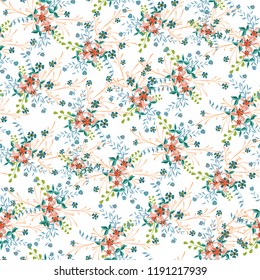 Small Flowers. Seamless Pattern with Pretty Wildflowers. Girlie Natural Background in Liberty Style with Small Blossoms of Daisy Flowers. Vector Ditsy Pattern for Textile, Chintz. Floral Texture