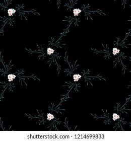 Small Flowers. Seamless Pattern with Pretty Daisy Flowers. Feminine Rapport for Linen, Fabric, Wallpaper in Trendy Liberty Style. Colorful Seamless Pattern with Tiny Flowers. Vector Background.