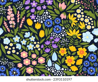 Small flowers seamless pattern. Repeating design element for printing on fabric. Yellow, blue and violet plants. Spring season, bloom and blossom bouquets. Cartoon flat vector illustration