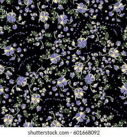 Small Flowers Seamless Pattern. Retro Floral Calico. Romantic Black Print for Textile in Country Style. Liberty Design for Fabric or Wallpaper. Feminine Vintage Background