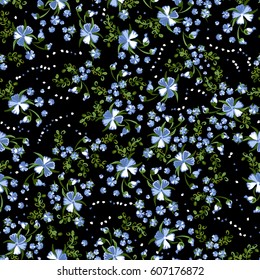Small Flowers Seamless Pattern. Retro Floral Calico. Romantic Black Print for Textile in Country Style. Liberty Design for Fabric or Wallpaper. Feminine Vintage Background