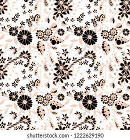 Small Flowers. Seamless Pattern in Rustic Style. Summer Floral Texture with Hand Drawn Doodle Blossoms, Leaves and Buds. Small Natural Rapport for Fabric, Cloth, Textile. Vector Zentangle.