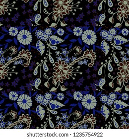 Small Flowers. Seamless Pattern in Rustic Style. Summer Floral Texture with Hand Drawn Doodle Blossoms, Leaves and Buds. Small Natural Rapport for Dress, Print, Cotton. Vector Zentangle.