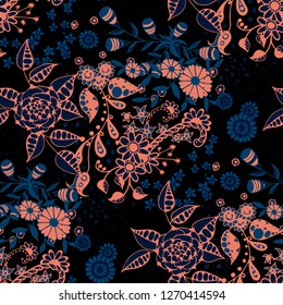 Small Flowers. Seamless Pattern in Rustic Style. Autumn Floral Texture with Hand Drawn Doodle Blossoms, Leaves and Buds. Small Natural Rapport for Print, Cotton, Calico. Vector.