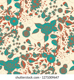 Small Flowers. Seamless Pattern in Rustic Style. Spring Floral Texture with Hand Drawn Doodle Blossoms, Leaves and Buds. Small Natural Rapport for Fabric, Linen, Textile. Vector.