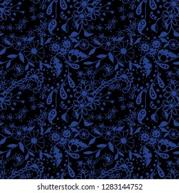Small Flowers. Seamless Pattern in Rustic Style. Summer Floral Texture with Hand Drawn Doodle Blossoms, Leaves and Buds. Small Natural Rapport for Chintz, Cotton, Calico. Vector Zentangle.