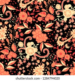 Small Flowers. Seamless Pattern in Rustic Style. Summer Floral Texture with Hand Drawn Doodle Blossoms, Leaves and Buds. Small Natural Rapport for Fabric, Linen, Textile. Vector Zentangle.