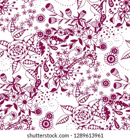 Small Flowers. Seamless Pattern in Rustic Style. Summer Floral Texture with Hand Drawn Doodle Blossoms, Leaves and Buds. Small Natural Rapport for Dress, Cloth, Paper. Vector.