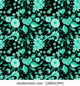 Small Flowers. Seamless Pattern in Rustic Style. Spring Floral Texture with Hand Drawn Doodle Blossoms, Leaves and Buds. Small Natural Rapport for Fabric, Linen, Textile. Vector Zentangle.