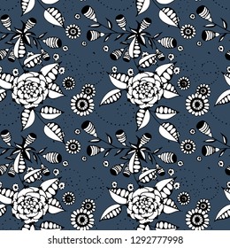 Small Flowers. Seamless Pattern in Rustic Style. Spring Floral Texture with Hand Drawn Doodle Blossoms, Leaves and Buds. Small Natural Rapport for Dress, Print, Paper. Vector.