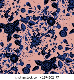 Small Flowers. Seamless Pattern in Rustic Style. Spring Floral Texture with Hand Drawn Doodle Blossoms, Leaves and Buds. Small Natural Rapport for Dress, Print, Paper. Vector.