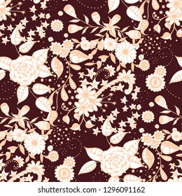 Small Flowers. Seamless Pattern in Rustic Style. Summer Floral Texture with Hand Drawn Doodle Blossoms, Leaves and Buds. Small Natural Rapport for Dress, Cloth, Paper. Vector.