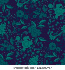 Small Flowers. Seamless Pattern in Rustic Style. Autumn Floral Texture with Hand Drawn Doodle Blossoms, Leaves and Buds. Small Natural Rapport for Dress, Cloth, Paper. Vector Zentangle.