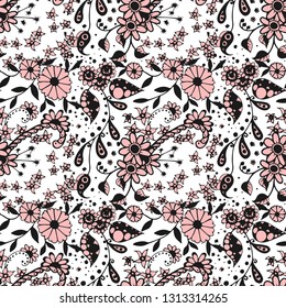 Small Flowers. Seamless Pattern in Rustic Style. Spring Floral Texture with Hand Drawn Doodle Blossoms, Leaves and Buds. Small Natural Rapport for Fabric, Cloth, Paper. Vector Zentangle.