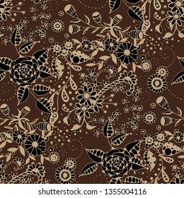 Small Flowers. Seamless Pattern in Rustic Style. Autumn Floral Texture with Hand Drawn Doodle Blossoms, Leaves and Buds. Small Natural Rapport for Chintz, Linen, Calico. Vector.