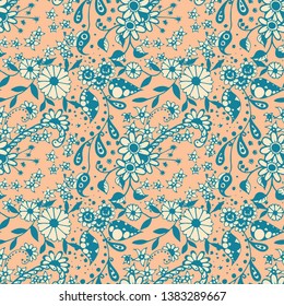 Small Flowers. Seamless Pattern in Rustic Style. Autumn Floral Texture with Hand Drawn Doodle Blossoms, Leaves and Buds. Small Natural Rapport for Dress, Print, Cotton. Vector Zentangle.