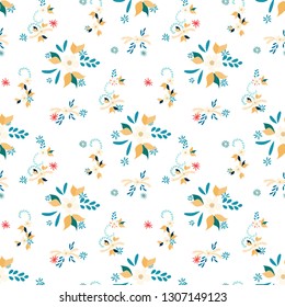 Small Flowers. Seamless Pattern with Small Simple Flowers for, Curtains, Dress, Cloth. Bright, Retro Texture in, Country Style. Colorful Feminine Ornament. Background with Small Flowers.