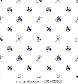 Small Flowers. Seamless Pattern with Small Simple Flowers for, Poster, Brochure, Dress. Colorful Girlie Ornament. Bright, Retro Texture in, Rustic Style. Background with Small Flowers.