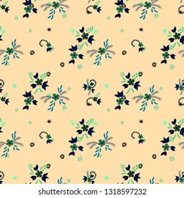 Small Flowers. Seamless Pattern with Small Simple Flowers for, Tablecloth, Card, Swimwear. Colorful Feminine Ornament. Bright, Vintage Texture in, Rustic Style. Background with Small Flowers.
