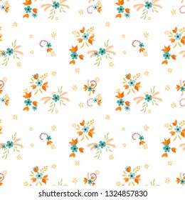 Small Flowers. Seamless Pattern with Small Simple Flowers for, Dress, Textile, Swimwear. Colorful Feminine Ornament. Bright, Trendy Texture in, Rustic Style. Background with Small Flowers.