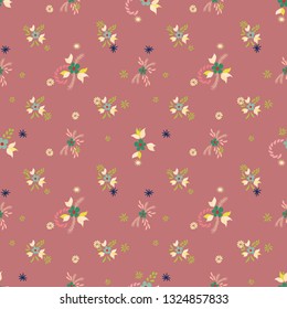 Small Flowers. Seamless Pattern with Small Simple Flowers for, Brochure, Textile, Banner. Bright, Vintage Texture in, Country Style. Colorful Girlie Ornament. Background with Small Flowers.