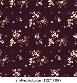 Small Flowers. Seamless Pattern with Small Simple Flowers for, Brochure, Fabric, Swimwear. Bright, Retro Texture in, Liberty Style. Colorful Feminine Ornament. Background with Small Flowers.