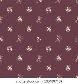 Small Flowers. Seamless Pattern with Small Simple Flowers for, Fabric, Dress, Wallpaper. Bright, Vintage Texture in, Liberty Style. Colorful Feminine Ornament. Background with Small Flowers.