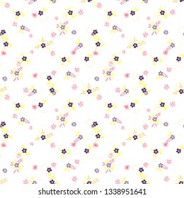 Small Flowers. Seamless Pattern with Small Simple Flowers for, Curtains, Cover, Swimwear. Bright, Modern Texture in, Liberty Style. Colorful Girlie Ornament. Background with Small Flowers.