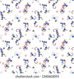 Small Flowers. Seamless Pattern with Small Simple Flowers for, Poster, Banner, Swimwear. Bright, Trendy Texture in, Rustic Style. Colorful Girlie Ornament. Background with Small Flowers.