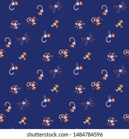 Small Flowers. Seamless Pattern with Small Simple Flowers for, Cloth, Banner, Tablecloth. Bright, Modern Texture in, Liberty Style. Colorful Girlie Ornament. Background with Small Flowers.