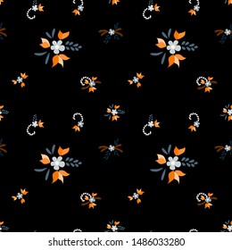 Small Flowers. Seamless Pattern with Small Simple Flowers for, Fabric, Textile, Tablecloth. Bright, Modern Texture in, Liberty Style. Colorful Feminine Ornament. Background with Small Flowers.