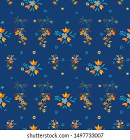 Small Flowers. Seamless Pattern with Small Simple Flowers for, Swimwear, Tablecloth, Cloth. Bright, Retro Texture in, Liberty Style. Colorful Feminine Ornament. Background with Small Flowers.