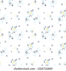 Small Flowers. Seamless Pattern with Small Simple Flowers for, Curtains, Swimwear, Poster. Bright, Vintage Texture in, Rustic Style. Colorful Feminine Ornament. Background with Small Flowers.