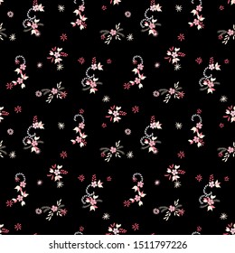 Small Flowers. Seamless Pattern with Small Simple Flowers for, Print, Swimwear, Fabric. Bright, Retro Texture in, Country Style. Colorful Feminine Ornament. Background with Small Flowers.