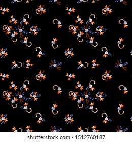 Small Flowers. Seamless Pattern with Small Simple Flowers for, Tablecloth, Brochure, Banner. Colorful Girlie Ornament. Bright, Retro Texture in, Rustic Style. Background with Small Flowers.