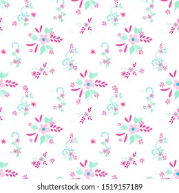 Small Flowers. Seamless Pattern with Small Simple Flowers for, Fabric, Cloth, Textile. Bright, Retro Texture in, Liberty Style. Colorful Girlie Ornament. Background with Small Flowers.