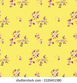 Small Flowers. Seamless Pattern with Small Simple Flowers for, Curtains, Banner, Poster. Bright, Retro Texture in, Liberty Style. Colorful Girlie Ornament. Background with Small Flowers.