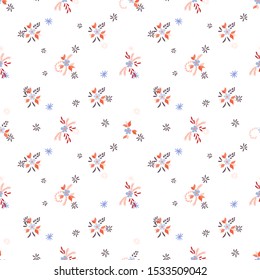 Small Flowers. Seamless Pattern with Small Simple Flowers for, Wallpaper, Swimwear, Banner. Colorful Girlie Ornament. Bright, Vintage Texture in, Country Style. Background with Small Flowers.