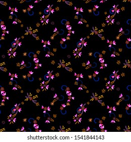 Small Flowers. Seamless Pattern with Small Simple Flowers for, Cloth, Tablecloth, Textile. Bright, Trendy Texture in, Rustic Style. Colorful Feminine Ornament. Background with Small Flowers.