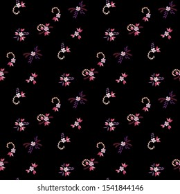 Small Flowers. Seamless Pattern with Small Simple Flowers for, Paper, Wallpaper, Brochure. Bright, Trendy Texture in, Country Style. Colorful Girlie Ornament. Background with Small Flowers.
