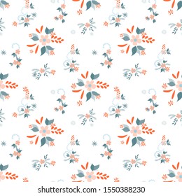 Small Flowers. Seamless Pattern with Small Simple Flowers for, Cloth, Banner, Wallpaper. Bright, Retro Texture in, Liberty Style. Colorful Girlie Ornament. Background with Small Flowers.