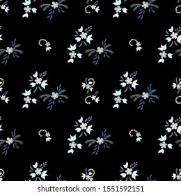 Small Flowers. Seamless Pattern with Small Simple Flowers for, Fabric, Wallpaper, Paper. Bright, Modern Texture in, Liberty Style. Colorful Feminine Ornament. Background with Small Flowers.