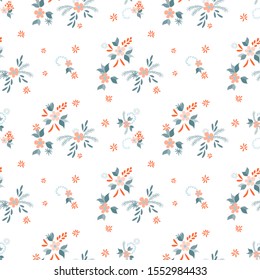Small Flowers. Seamless Pattern with Small Simple Flowers for, Poster, Textile, Cover. Colorful Feminine Ornament. Bright, Retro Texture in, Liberty Style. Background with Small Flowers.