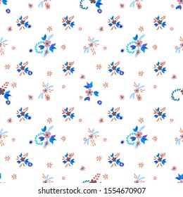 Small Flowers. Seamless Pattern with Small Simple Flowers for, Brochure, Tablecloth, Paper. Bright, Trendy Texture in, Country Style. Colorful Girlie Ornament. Background with Small Flowers.