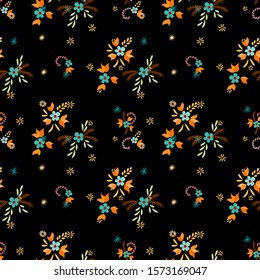 Small Flowers. Seamless Pattern with Small Simple Flowers for, Swimwear, Cloth, Cover. Bright, Vintage Texture in, Rustic Style. Colorful Feminine Ornament. Background with Small Flowers.