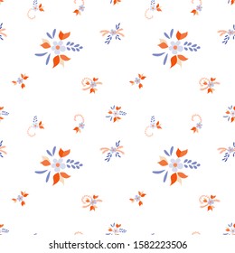 Small Flowers. Seamless Pattern with Small Simple Flowers for, Fabric, Curtains, Cover. Bright, Vintage Texture in, Country Style. Colorful Feminine Ornament. Background with Small Flowers.