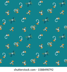 Small Flowers. Seamless Pattern with Small Simple Flowers for, Textile, Tablecloth, Print. Bright, Vintage Texture in, Rustic Style. Colorful Feminine Ornament. Background with Small Flowers.