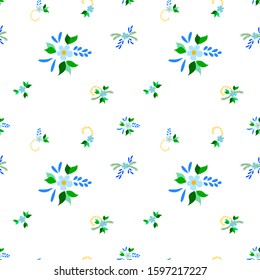 Small Flowers. Seamless Pattern with Small Simple Flowers for, Cloth, Fabric, Curtains. Colorful Feminine Ornament. Bright, Modern Texture in, Country Style. Background with Small Flowers.