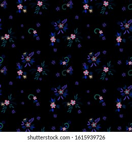 Small Flowers. Seamless Pattern with Small Simple Flowers for, Dress, Tablecloth, Banner. Colorful Feminine Ornament. Bright, Retro Texture in, Liberty Style. Background with Small Flowers.