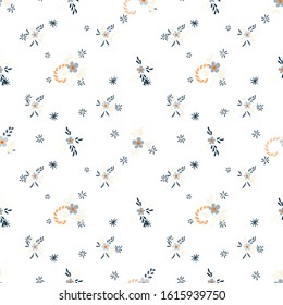 Small Flowers. Seamless Pattern with Small Simple Flowers for, Cover, Card, Tablecloth. Colorful Feminine Ornament. Bright, Trendy Texture in, Country Style. Background with Small Flowers.